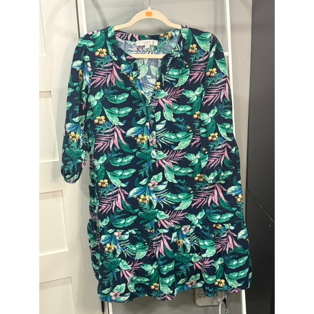 LOFT Tropical Palm Print Linen Blend Henley Shift Dress Navy Green Pink Size M